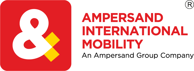 Logo of Ampersand International Mobility, featuring a white ampersand on a red background with yellow accents and company name in red and black text.